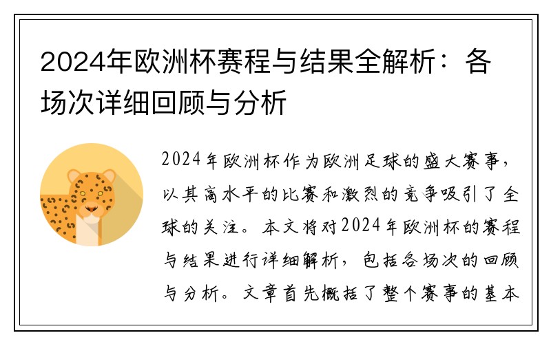 2024年欧洲杯赛程与结果全解析：各场次详细回顾与分析
