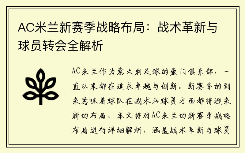 AC米兰新赛季战略布局：战术革新与球员转会全解析