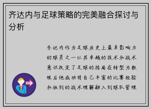 齐达内与足球策略的完美融合探讨与分析