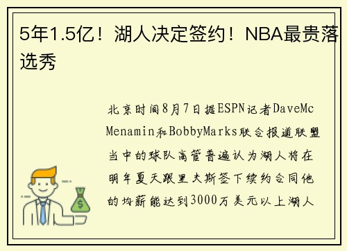 5年1.5亿！湖人决定签约！NBA最贵落选秀