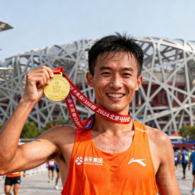 学员张磊在2024年北京马拉松完赛后的照片，他高举完赛奖牌，脸上洋溢着喜悦和汗水，身穿米乐集团橙色训练背心，背景是鸟巢体育场。