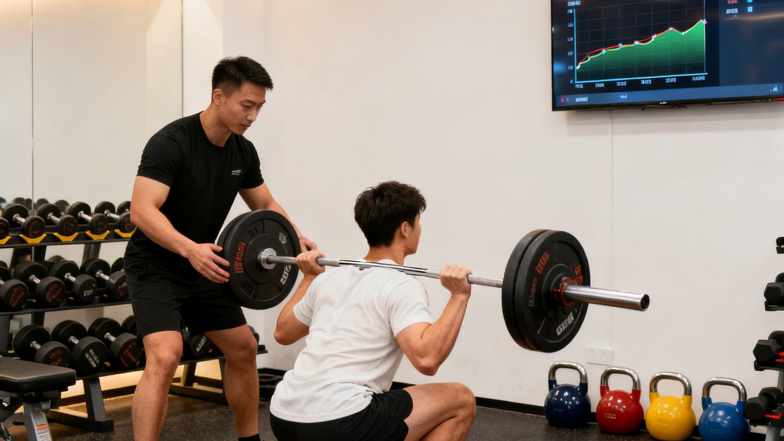 米乐训练中心力量训练区，一名男性学员在教练指导下进行杠铃深蹲训练，周围摆放着壶铃和哑铃架，地面铺设专业减震地垫，墙上显示屏实时显示动作数据和发力曲线。